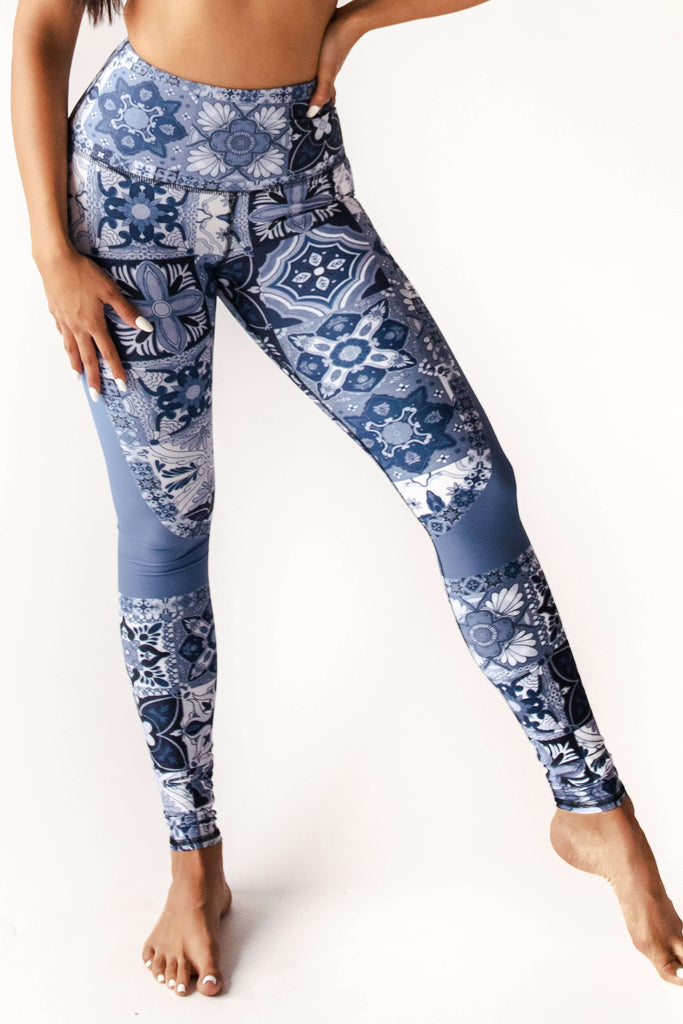 Mosaic In Blue Printed Yoga Leggings front