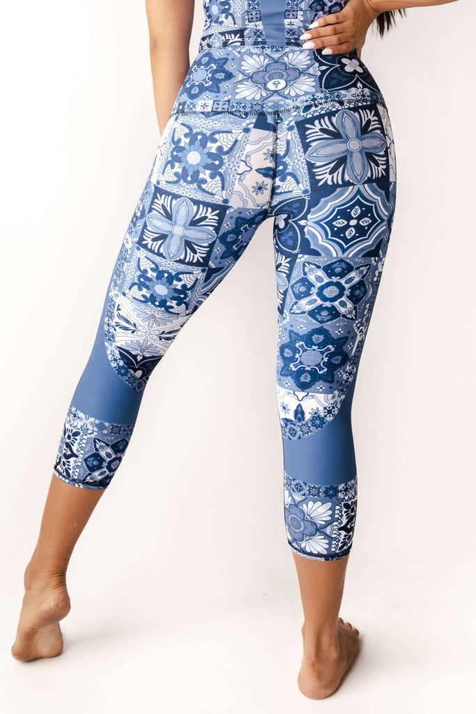 Mosaic In Blue Printed Yoga Crops back