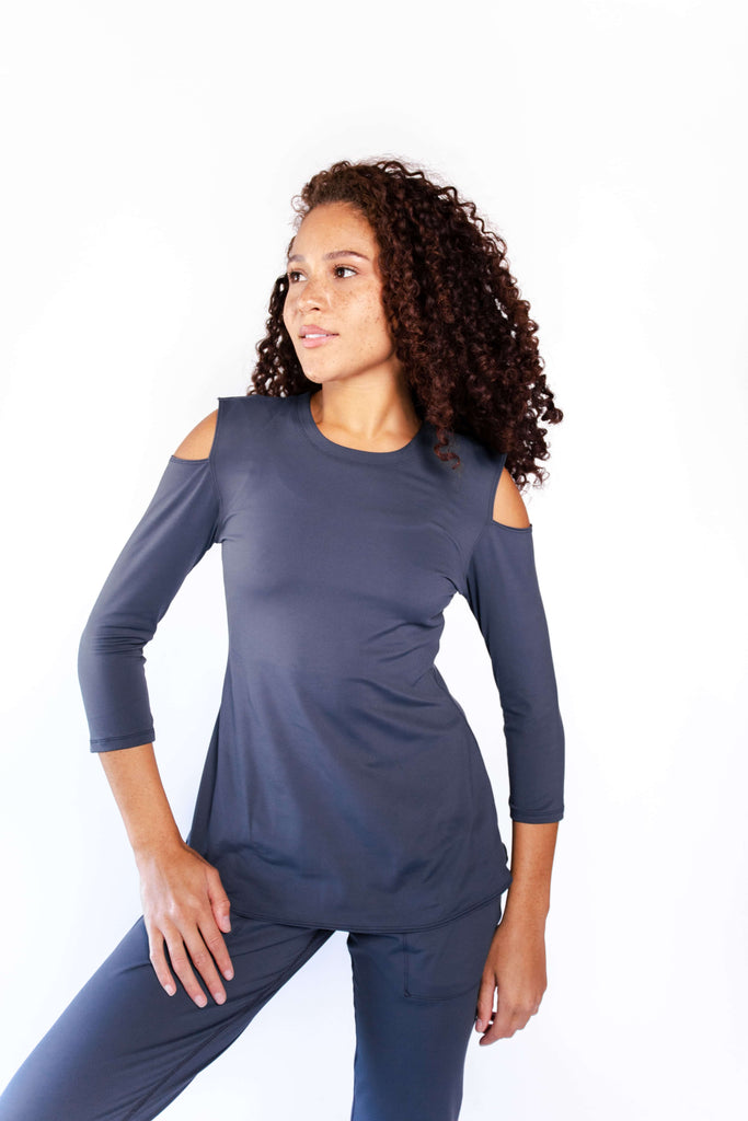 Open Shoulder Top in Navy Blue front