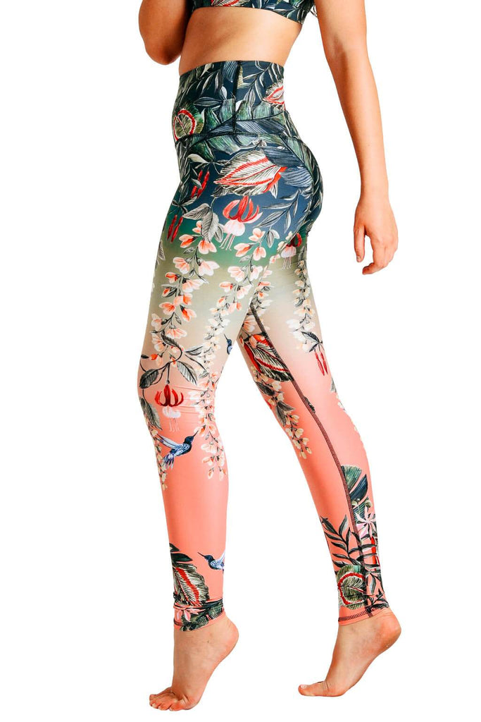 Yoga Democracy Women's Eco-friendly yoga full length leggings in Feeling Ferntastic green and pink fern floral print. USA made from post-consumer recycled plastic bottles. Sweat wicking, anti-microbial, and quick dry ultra-soft brushed fabric.