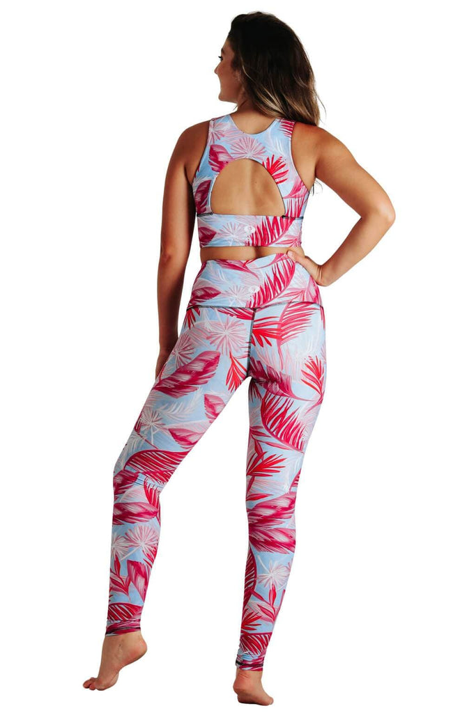 Yoga Democracy Women's Eco-friendly yoga pants leggings in Hot Tropic Flamingo pink and baby blue print. USA made from post-consumer recycled plastic bottles. Sweat wicking, anti-microbial, and quick dry ultra-soft brushed fabric.