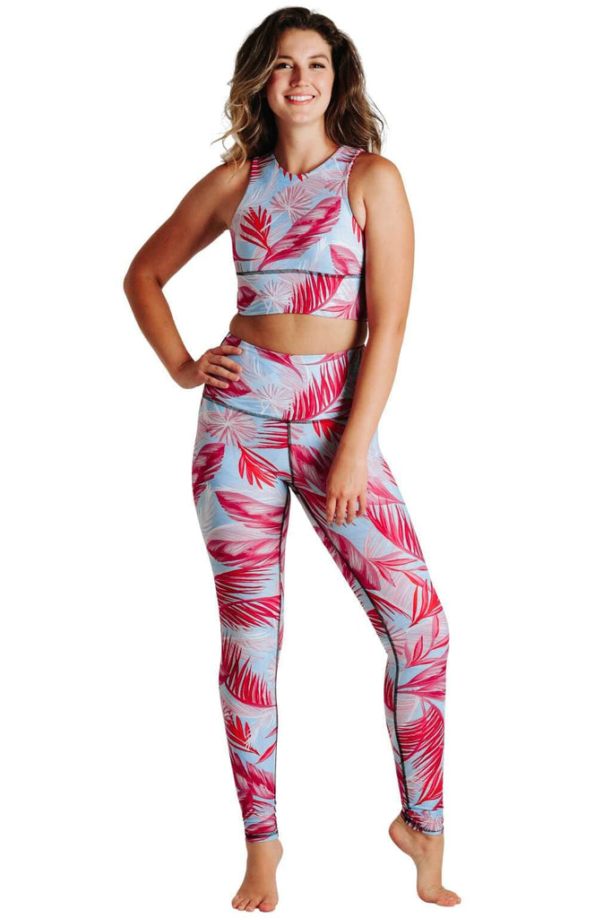 Yoga Democracy Women's Eco-friendly yoga pants leggings in Hot Tropic Flamingo pink and baby blue print. USA made from post-consumer recycled plastic bottles. Sweat wicking, anti-microbial, and quick dry ultra-soft brushed fabric.