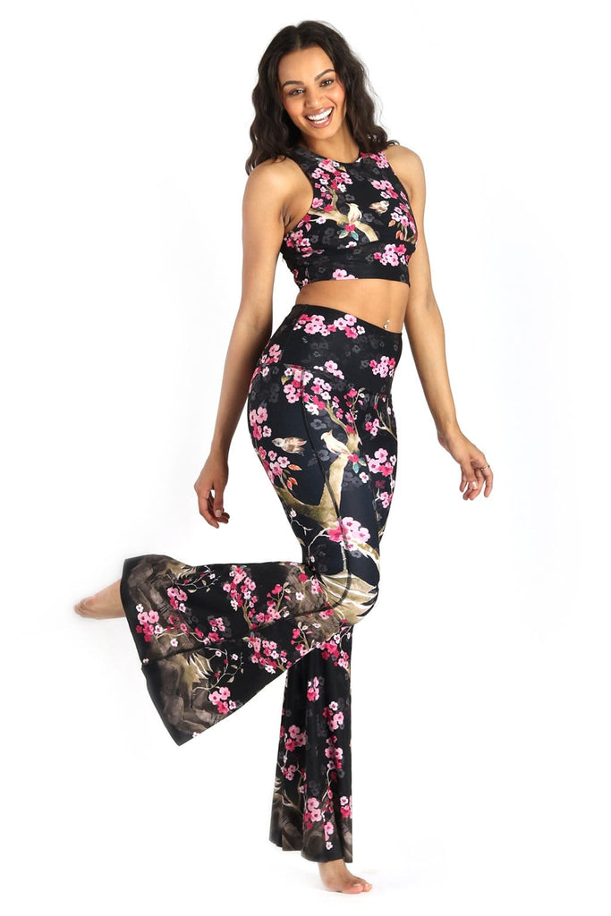 Yoga Democracy Leggings Cherry Bloomin Printed Bell Bottoms