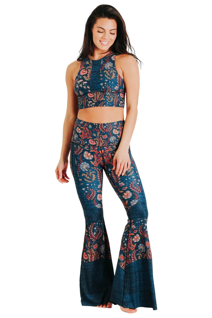 Yoga Democracy women's Eco-friendly bell bottom flare leggings in festival denim print. USA made from post consumer recycled plastic bottles