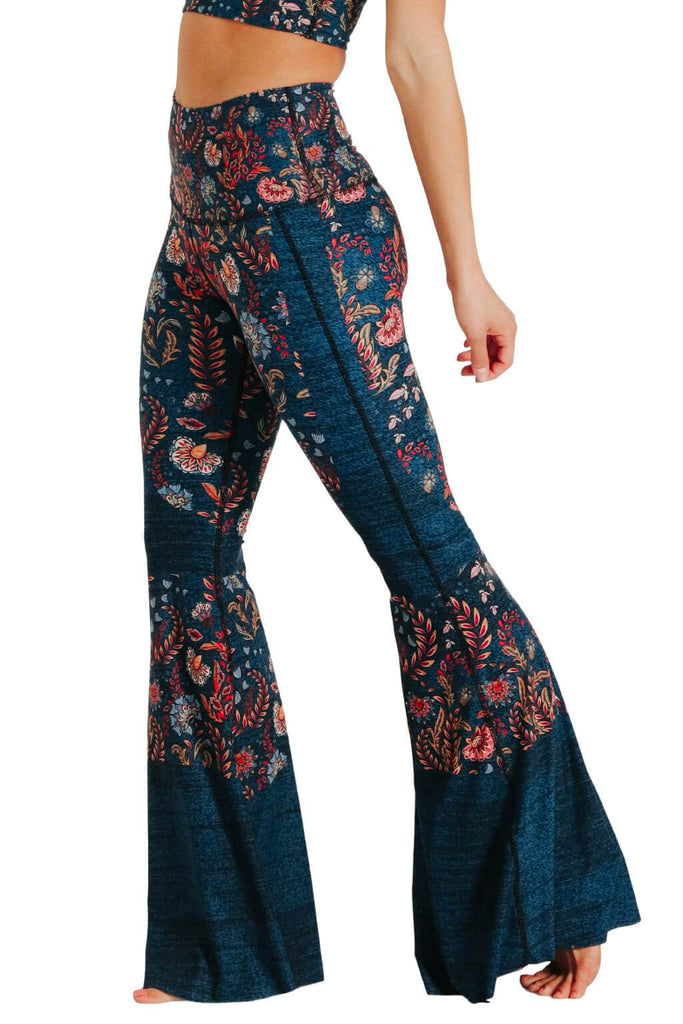 Yoga Democracy women's Eco-friendly bell bottom flare leggings in festival denim print. USA made from post consumer recycled plastic bottles