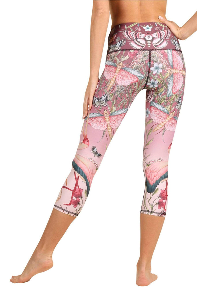 Yoga Democracy Women's Eco-friendly yoga crop Leggings in Pretty in Pink Print made from post consumer recycled plastic