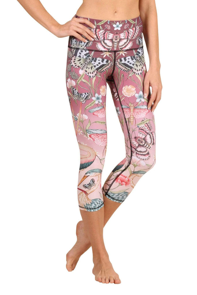 Yoga Democracy Women's Eco-friendly yoga crop Leggings in Pretty in Pink Print made from post consumer recycled plastic