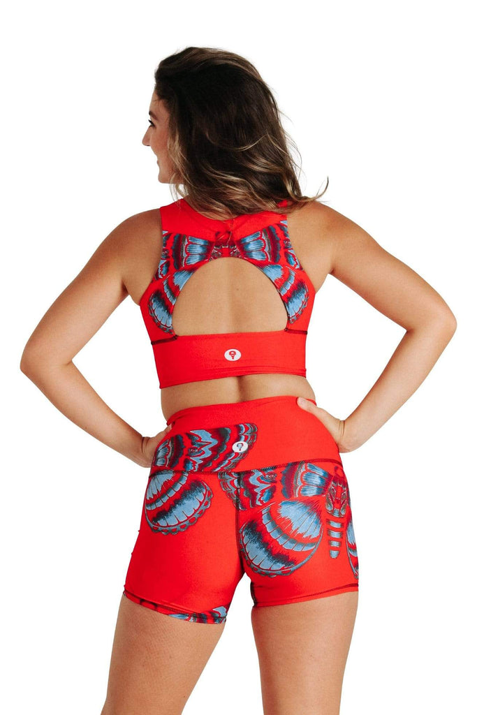 Yoga Democracy Women's Eco-friendly hot yoga Joey Shorts in Bright Flight print made from post consumer recycled plastics