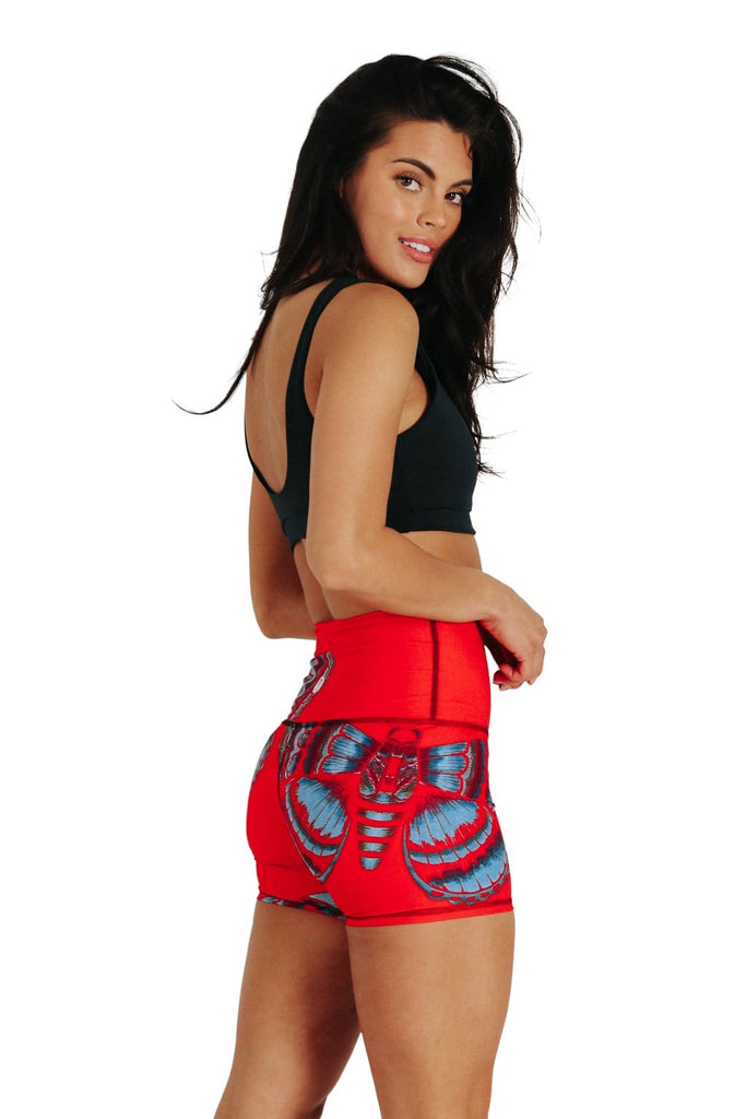 Yoga Democracy Women's Eco-friendly hot yoga Joey Shorts in Bright Flight print made from post consumer recycled plastics